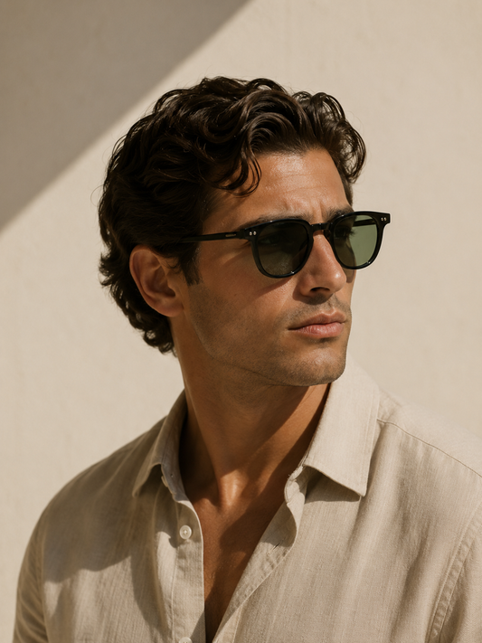 Homme élégant portant des lunettes de soleil carrées vintage noires - Samara